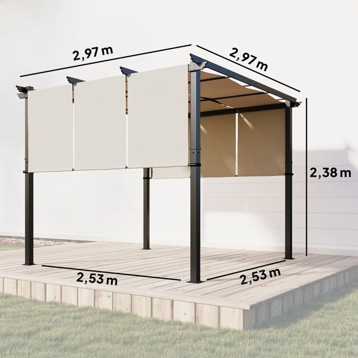 Pérgola Outsunny con 3 toldos corredizos - 3 x 3 x 2,38 m - estructura de acero negro, tejido de poliéster de alta densidad - beige