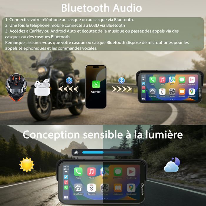 CARPURIDE W603D Radio para motocicleta de 6,3 pulgadas con pantalla CarPlay, cámara dual HD, CarPlay inalámbrico y Android Auto, control por cable.