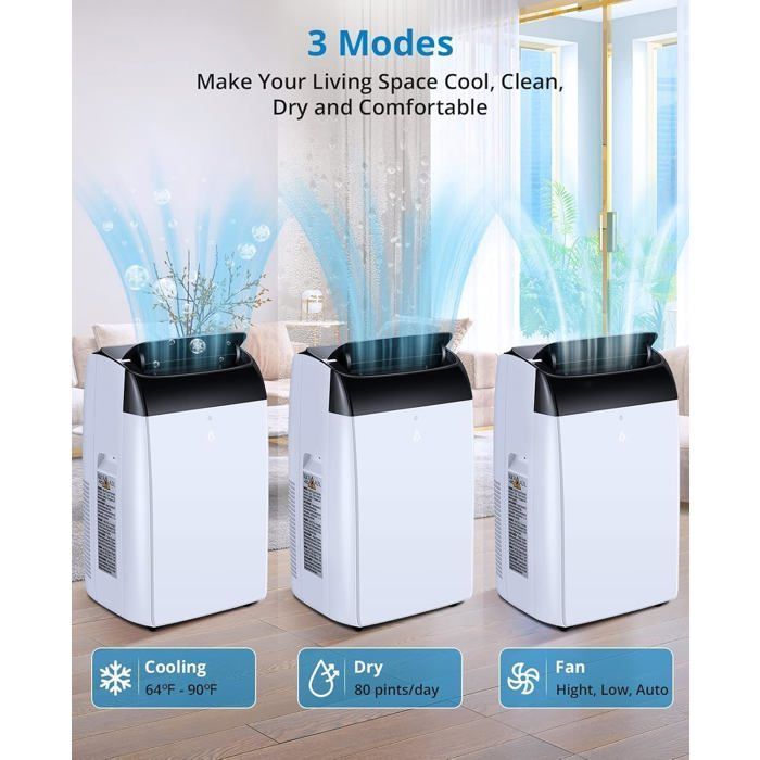 Climatiseur mobile 12000 BTU 4-en-1 –45L/j –Silencieux