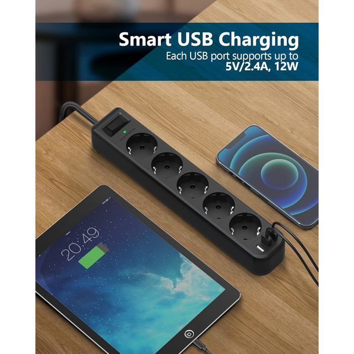 Regleta protectora contra sobretensiones con 5 tomas USB, 3 puertos USB y cargador de viaje (5V 2.4A/12W) - Regleta protectora contra sobretensiones