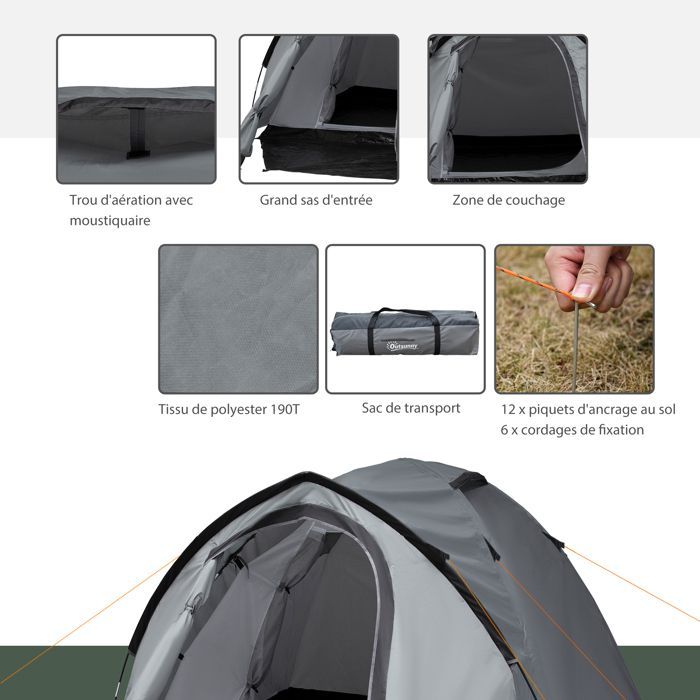 Camping Tent - Outsunny - 2-3 person lightweight ventilated waterproof dome tent with 2 doors and windows - PE polyester - 3.25x1.83x1.3m - grey