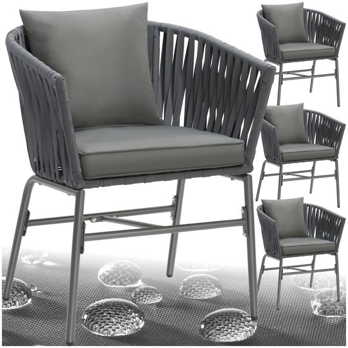 Fauteuils de jardin - TECTAKE - Ensemble de 4 chaises VALEIRAS effet corde tressée avec housses amovibles 60 x 61 x 77 cm - Gris