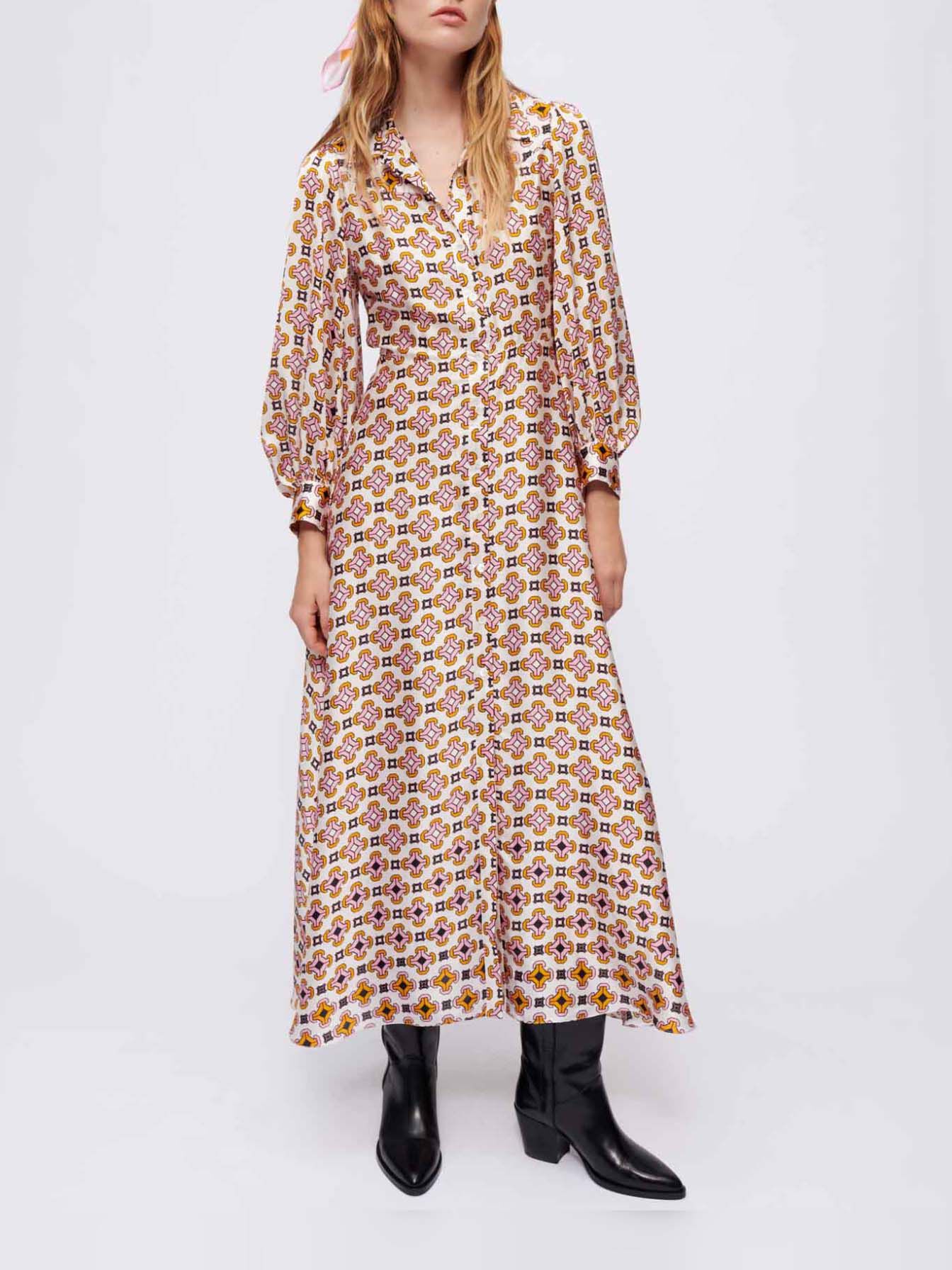 Rochie cămașă din satin imprimat - Tiles fond écru