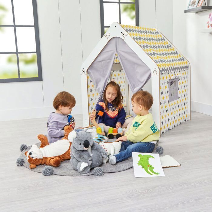 Cozy Kids - Cabane enfant en bois blanc avec tente tissu - Maison de jeu Montessori intérieur