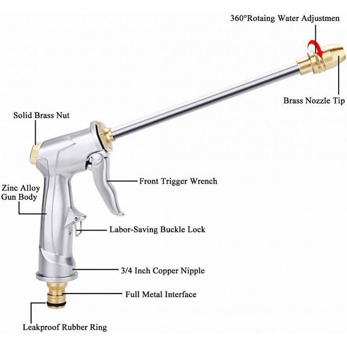pistolet d'arrosage de jardin, Nouveau design Buse anti-fuite métallique solide et durable Riche fonctions Pulvérisation puissante