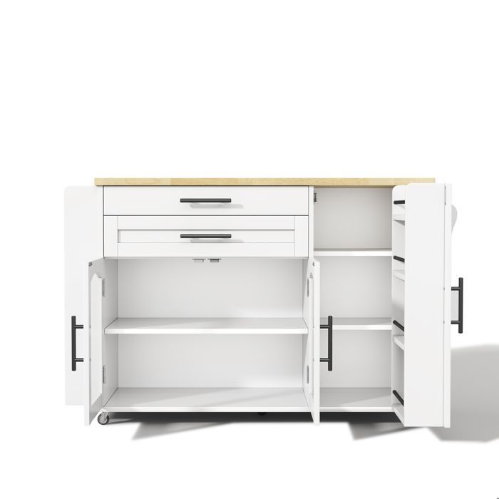 Îlot de cuisine mobile avec plan de travail pliable, chariot de cuisine, 5 roues, porte-épices, 2 tiroirs, 120x45(70)x90cm, blanc