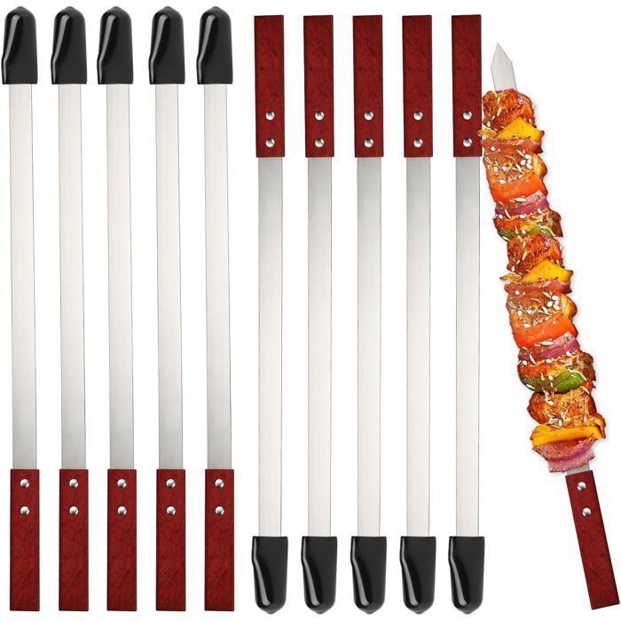 Juego de 10 brochetas planas de acero inoxidable con mangos de madera de Adana Kebab, 60 cm, accesorios para barbacoa y asador.