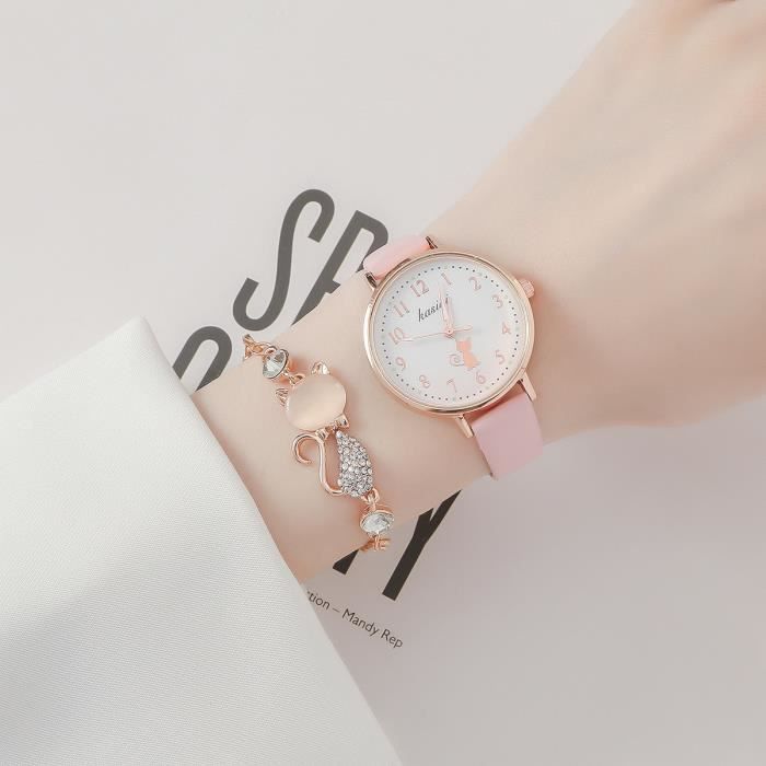 Set orologio e bracciale da bambina - grazioso bracciale alla moda con gatto e cinturino in pelle con strass - Regalo di Natale