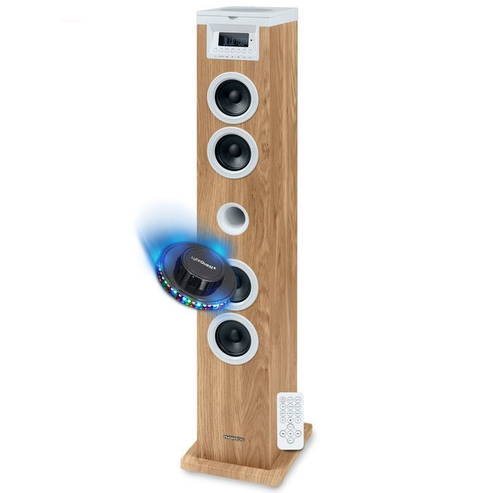 Tour de son Thomson DS121CD - 60W, Multimedia Bluetooth, Lecteur CD, télécommande, AUX, RADIO FM, Bois/blanc, Jeu de lumière LED