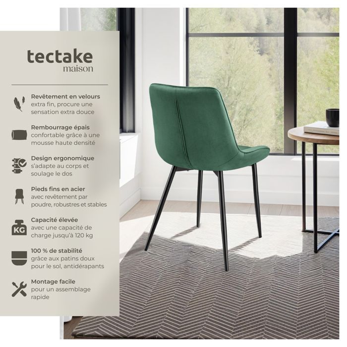 Chaises - TECTAKE - Lot de 2 fauteuils MONROE rembourrés aspect velours assise ergonomique et pieds en acier noir - Vert Foncé