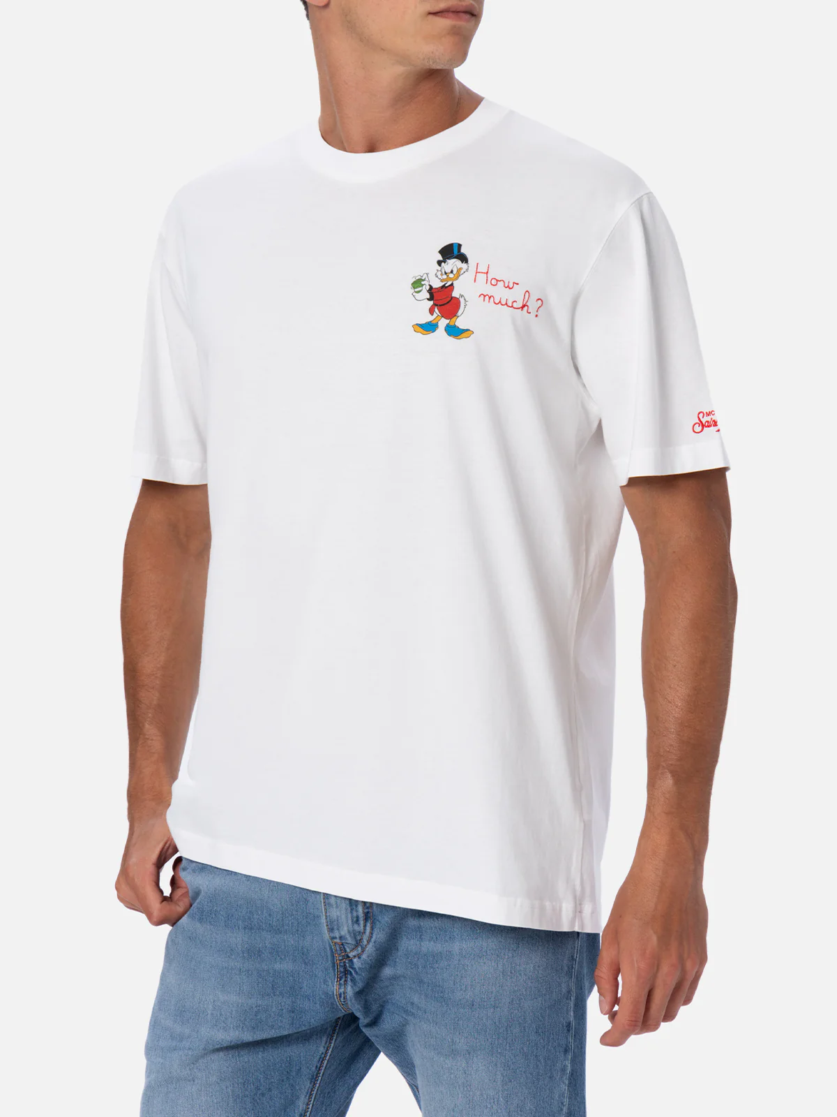 Men's Cotton T-Shirt with Scrooge Print & Embroidery - White Crewneck | MC2 Saint Barth ©DISNEY Special Edition