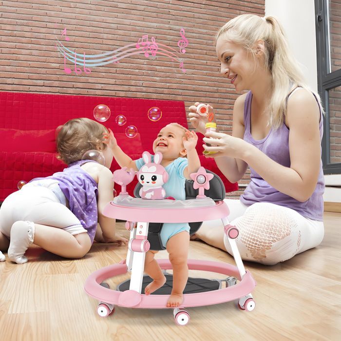 Andador musical plegable para bebé - Altura ajustable - Patinete para bebé - Alfombrilla - Rosa