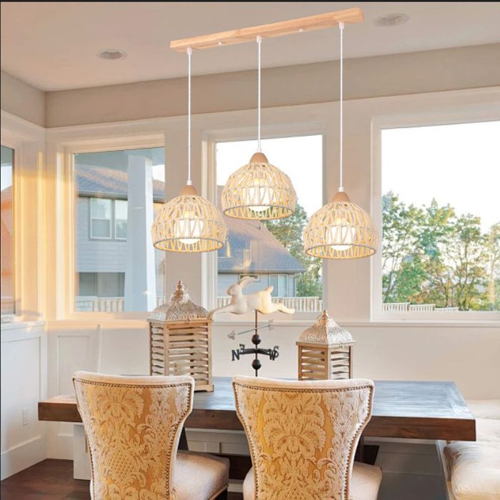 iDEGU Vintage Industriële Hanglamp, Witte Rotan Houten Kroonluchter, E27 Fitting, Retro Kooi Design Verlichting voor Woonkamer en Slaapkamer