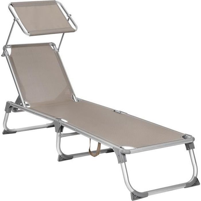 Tumbona reclinable SONGMICS con respaldo y sombrilla, plegable, capacidad de carga de 150 kg, color topo.