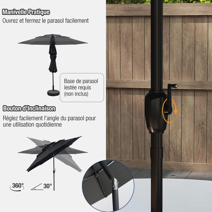 300cm 3-Tier Ventilated Patio Parasol - COSTWAY - Push-Button Tilt - Crank - 8 Sturdy Ribs - Black