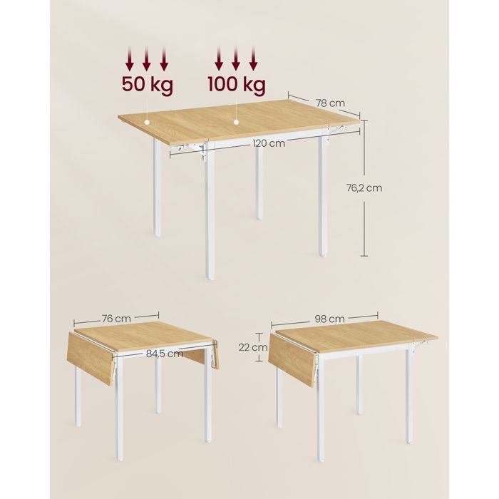 Mesa de comedor plegable VASAGLE, extensible, para 2 a 4 personas, con alas abatibles, roble natural y blanco nube.