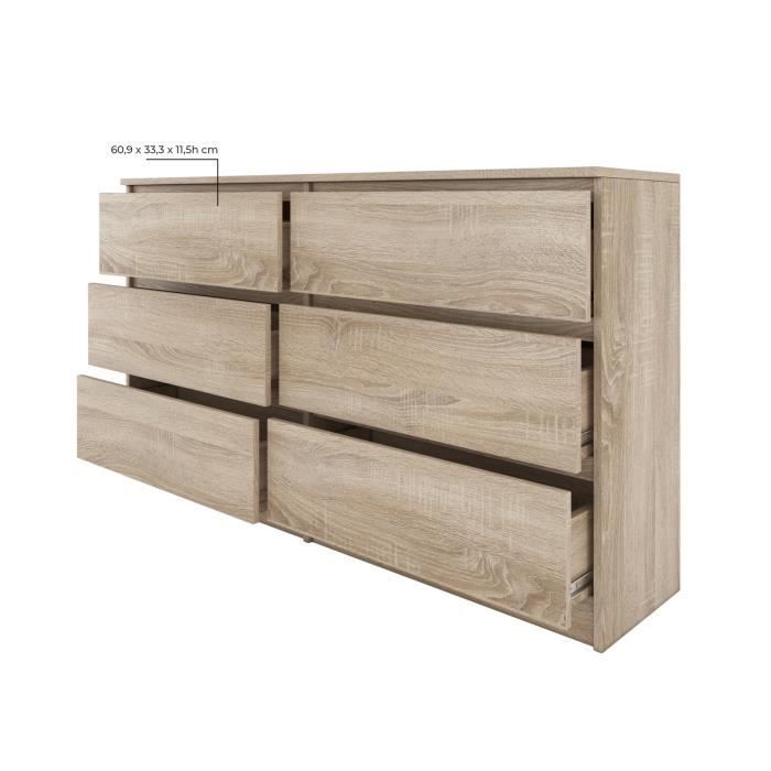 ASTER T6 - Commode chambre/bureau/salon 138x40x77 / 6 tiroirs - Meuble de rangement moderne Chiffonier Style Scandinave - Dressing