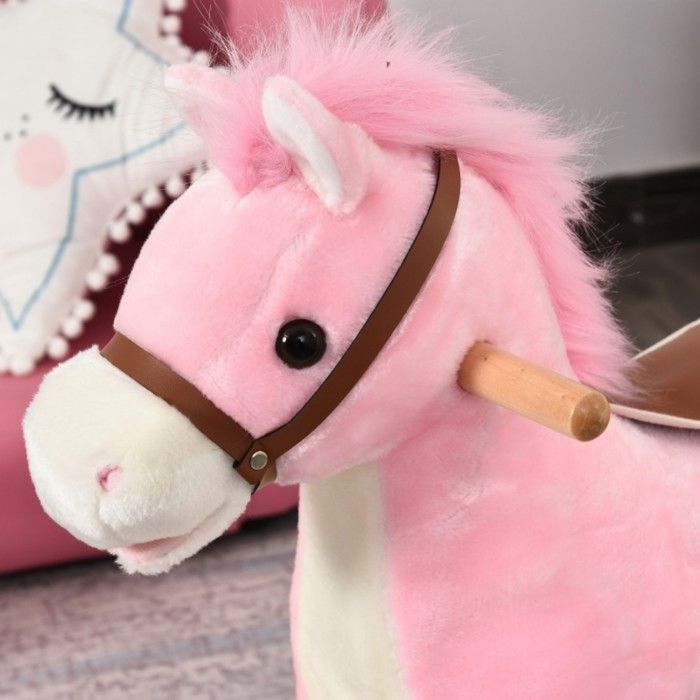 Pink plush rocking horse 65x32.5x61cm with animal sounds, developmental and balance toy for children aged 36 to 72 months, ideal gift