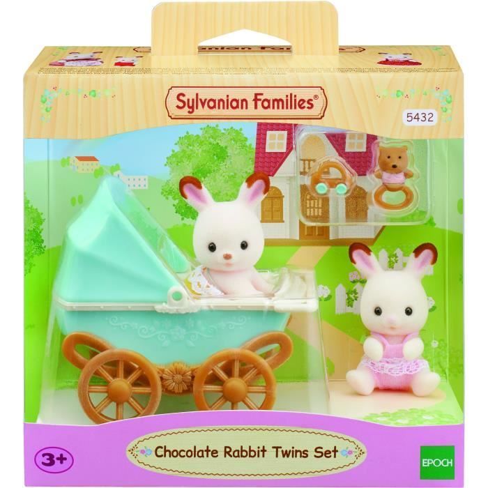 Miniature figurines - SYLVANIAN FAMILIES - Chocolate Rabbit twins and their double stroller