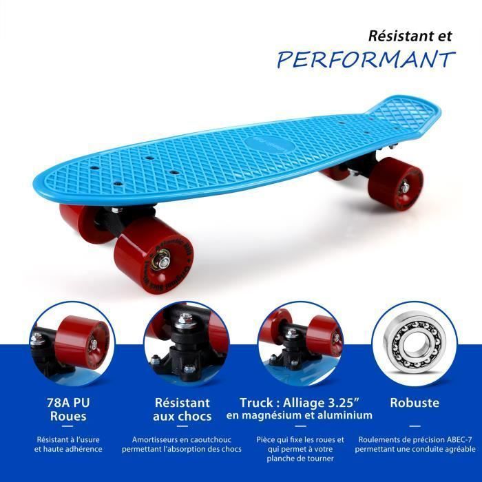 22-Zoll-Mini-Skateboard in Blau-Rot, max. 100 kg, ABEC-7-Rollen, Retro-Vintage-Stil, rutschfestes Deck