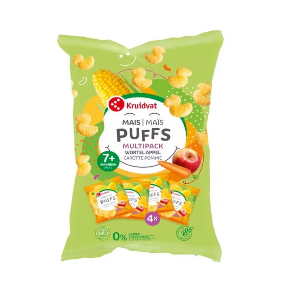 Kruidvat 7+M Bio kukuričné lupienky s jablkom a mrkvou<br>4 x 15 g