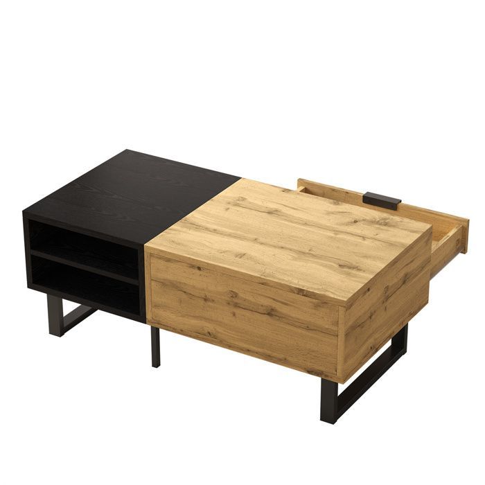 Salontafel met plank en lade voor de woonkamer, houten salontafel met gekleurde blokstructuur, metalen poten - 100 × 50 × 40 cm