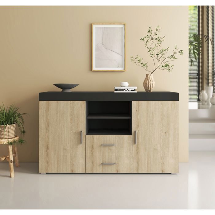 ROQUE Sideboard 140x80x40 cm - 2 Doors 2 Drawers - Black and Sonoma Oak Finish - Living Room Storage