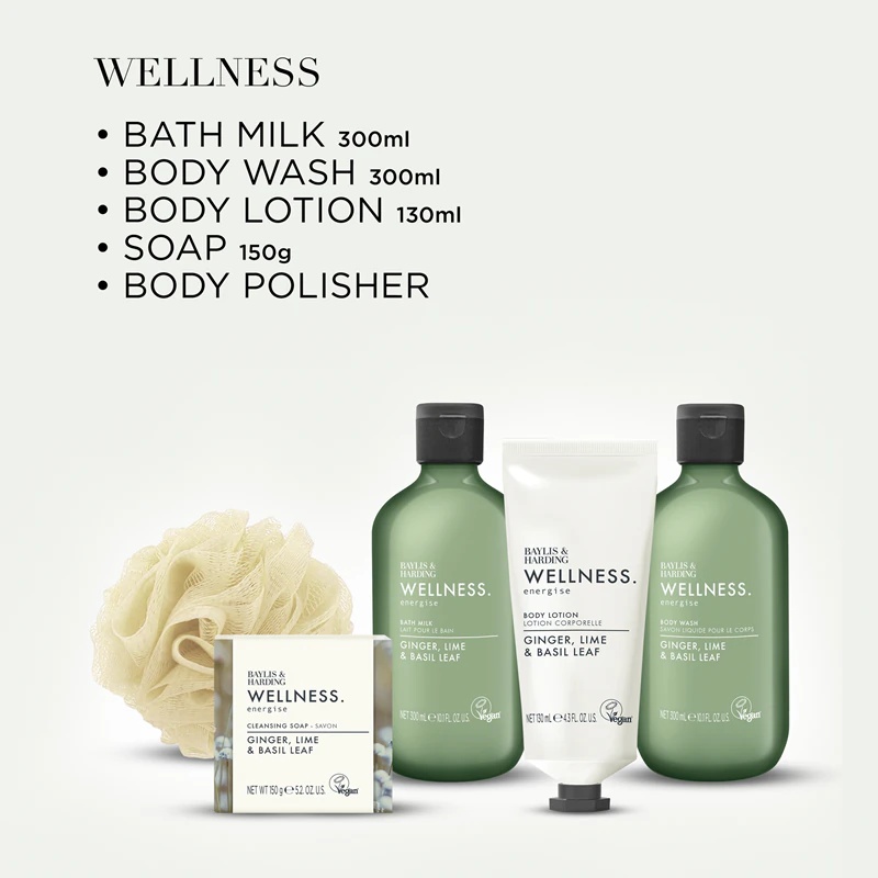 Darilni set Baylis & Harding Wellness. Energise Kozmetična torbica Ingver, limeta in bazilika