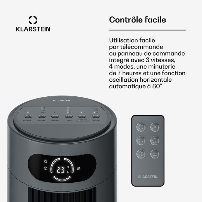 Ventilador enfriador de aire - Klarstein Frost - 200 m³/h - 7 L - 20 m² - 4 modos - 3 niveles de potencia - Control remoto