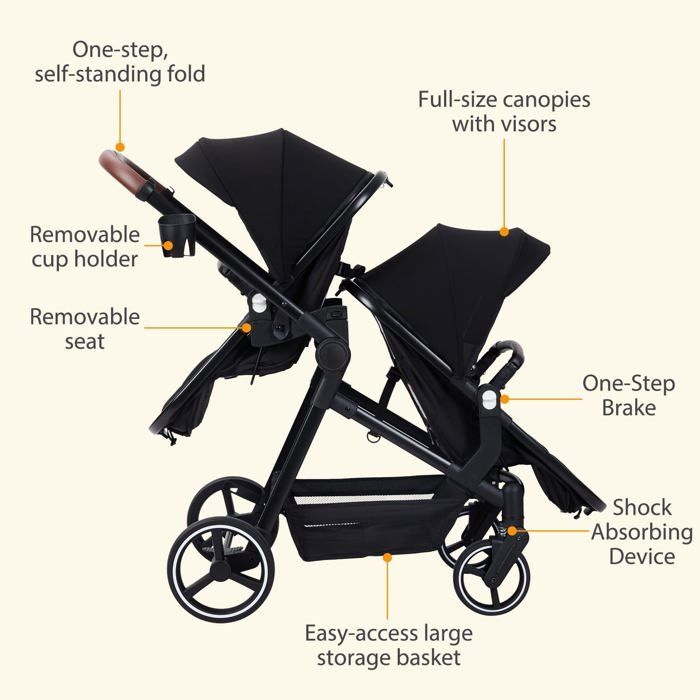 Poussette Double Légère Landau Pliable de Voyage, Poussette Tandem Compacte Avec Siéges Réversibles, Nacelle Bébé, Charge Max 30 kg