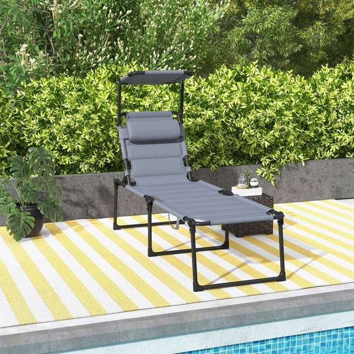 Espreguiçadeira Outsunny dobrável e reclinável com toldo e apoio de cabeça, em tecido Oxford, 70 x 200 x 45 cm, cinza.