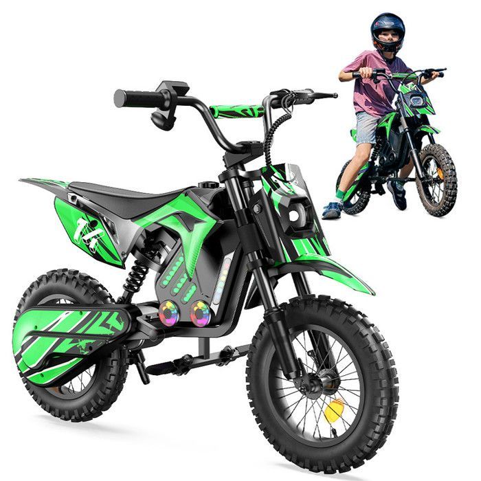 Moto électrique pour enfants A14 Vert, 500W, 3 Vitesses 8-27KM/H, Pneus 14’’ tout-terrain, Autonomie 22 km, Bluetooth, Amortisseurs
