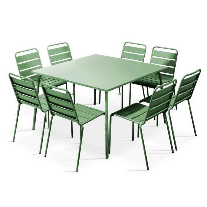Ensemble table de jardin et 8 chaises en métal vert cactus Palavas, Oviala