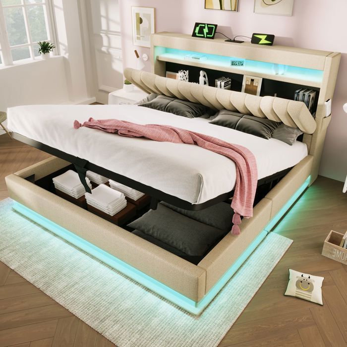 Cama estofada 180x200, cama de casal com cabeceira com arrumação, LED multicolorido, abertura hidráulica, portas USB-C