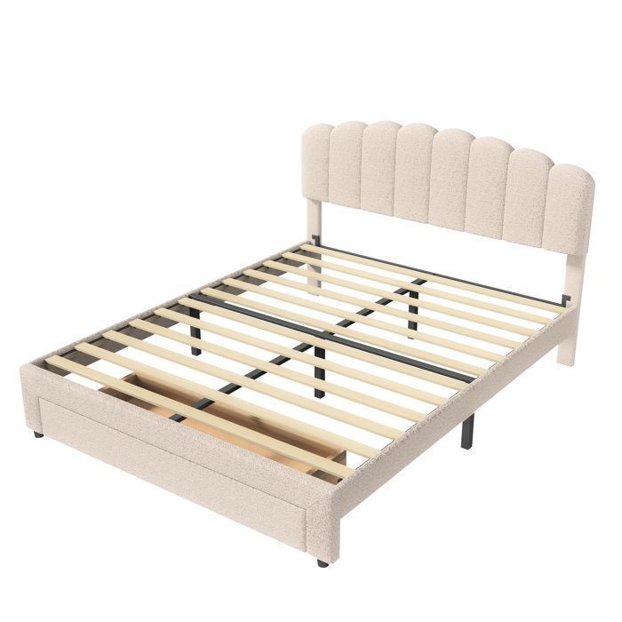 Lit 160 x 200 cm avec tête de lit et sommier, lit 2 Personnes avec tiroirs et ports USB, cadre de lit 160x200, velours teddy, beige