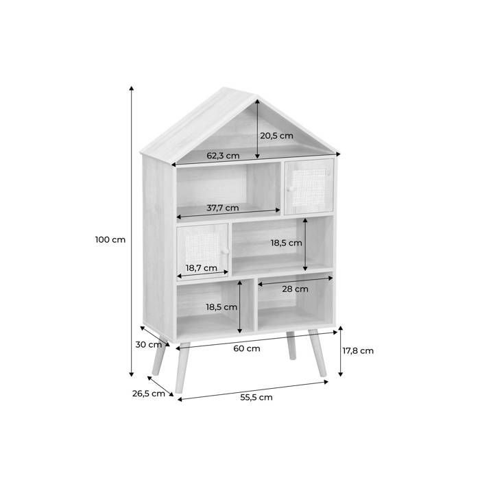 Librería de estilo bohemio con detalles de madera y mimbre, 7 compartimentos, 2 puertas.