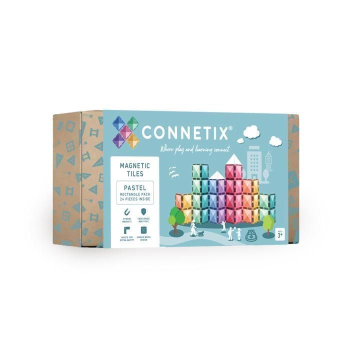 Conjunto de 24 peças retangulares de blocos magnéticos para construção CONNETIX em tons pastel.