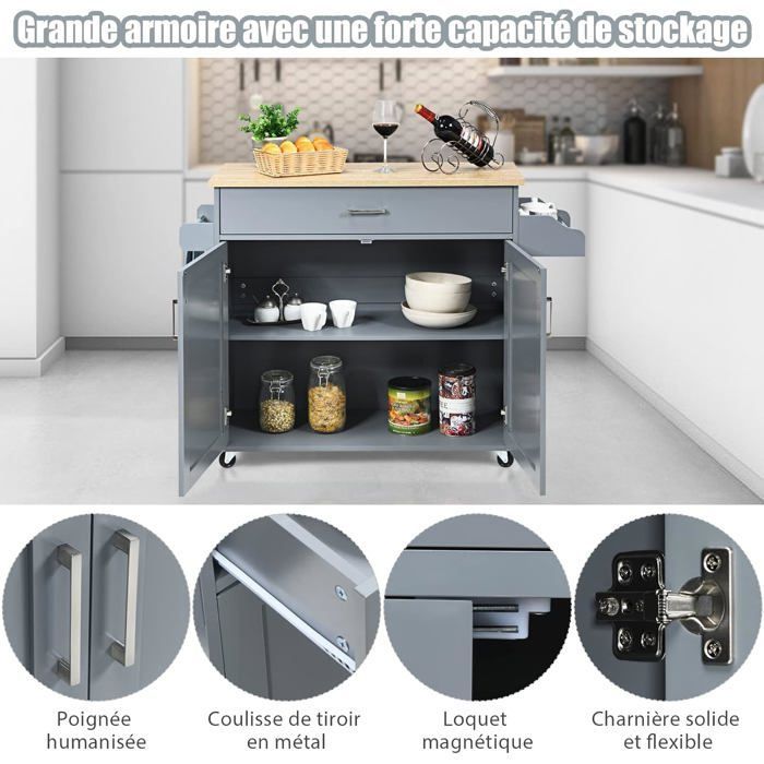 COSTWAY Desserte de Cuisine, Bîlot de Cuisine à Roulettes avec Grand Placard, Tiroir, Porte-Epices et Porte-Serviettes Gris
