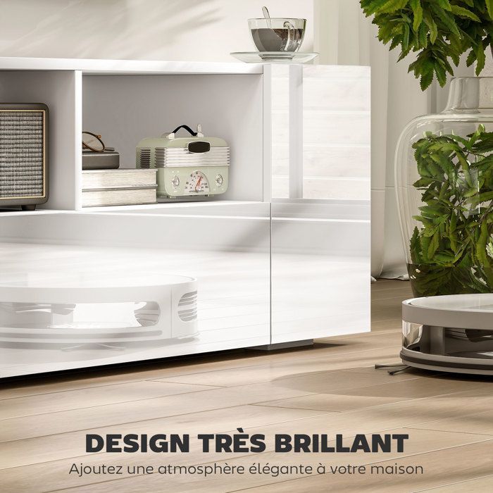 Mobile porta TV a LED - HOMCOM - Supporto TV da 140 cm con 3 vani, fino a 60 pollici, illuminazione regolabile, finitura lucida - legno - 140 cm - bianco