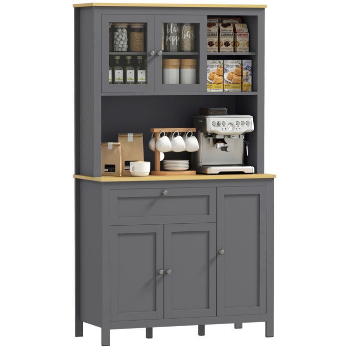Armoire de cuisine HOMCOM buffet cuisine avec 3 placards, tiroir, niches, passe-câble, étagères réglables et portes vitrées, gris
