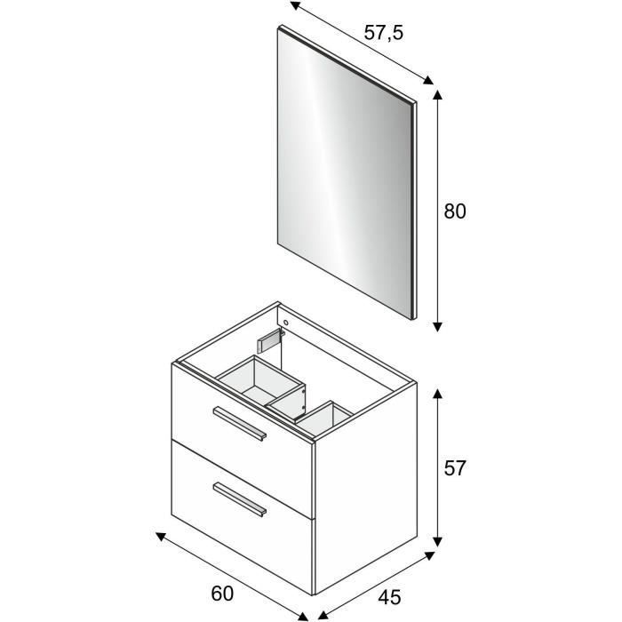 Mueble de baño suspendido, 60 cm de ancho - 2 cajones - Acabado en roble Alaska - Espejo - ARUBA