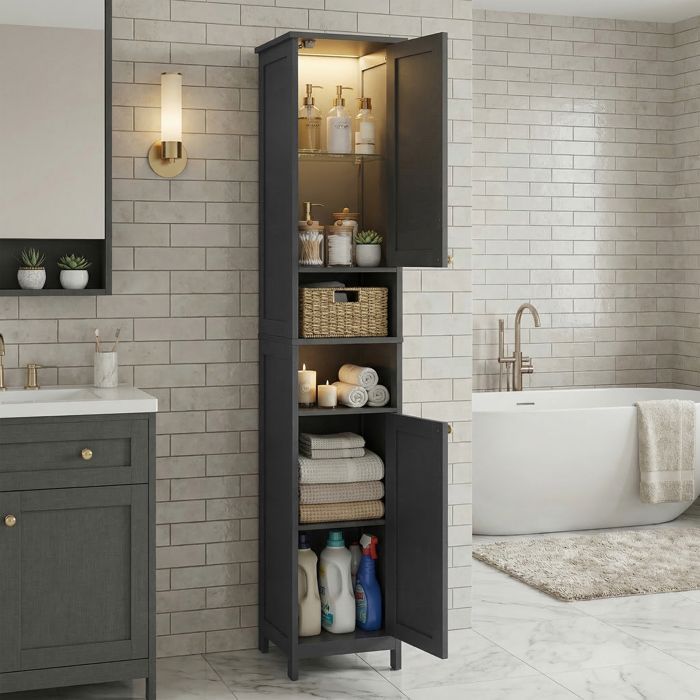Bathroom Column, Adjustable Shelves, Modern Tall Cabinet for Small Spaces, Lighting, Black