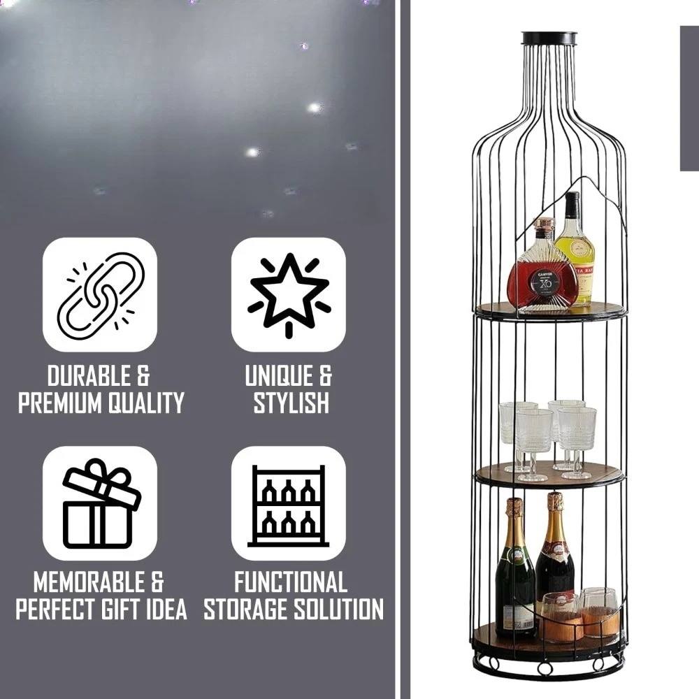Supporto alto a forma di bottiglia di vino con ripiano, portabottiglie da pavimento autoportante, organizer per scaffali da bar per liquori.