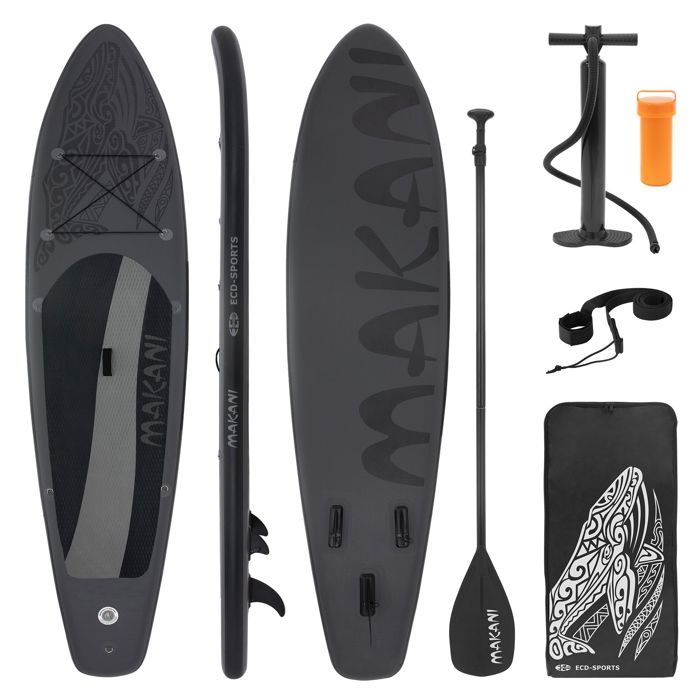 ECD Germany Stand Up Paddle Board Gonflable Makani | 320 x 82 x 15 cm | jusqu'à 150 kg | PVC | Noir | Pompe à Air Pagaie Sac