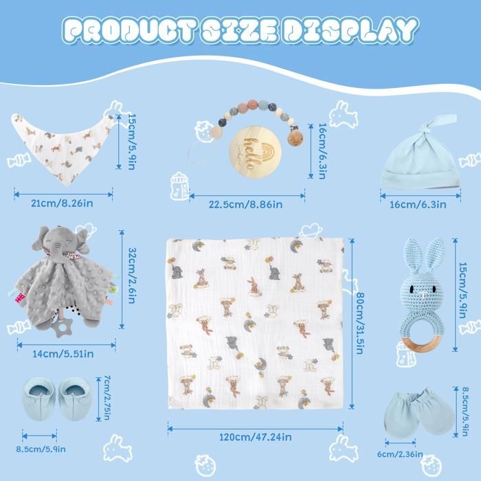Newborn Gift Set, with Baby Comforter, Rattle, Pacifier Clip, Blanket, Bib, Stages Set, Socks, Gloves for Boys and Girls