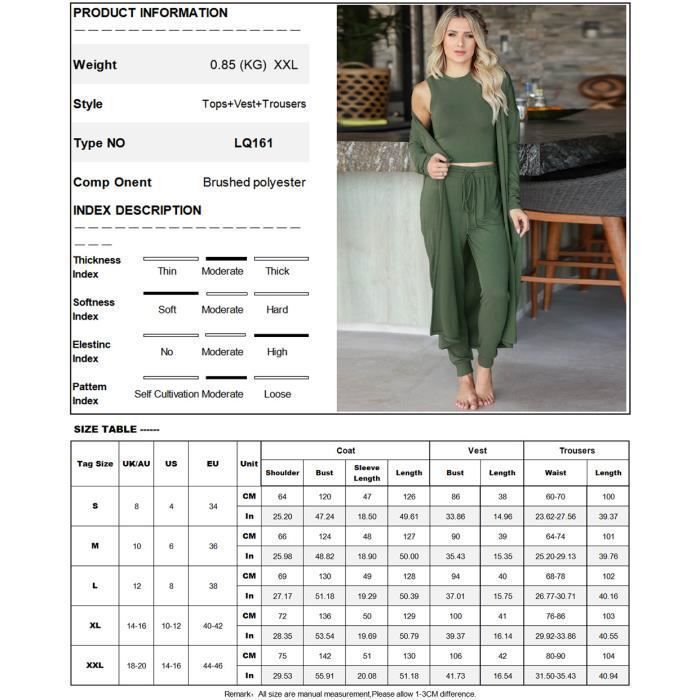 Conjunto de punto de 3 piezas para mujer: cárdigan, camiseta sin mangas y pantalón con cintura elástica, color liso, otoño/invierno - Gris