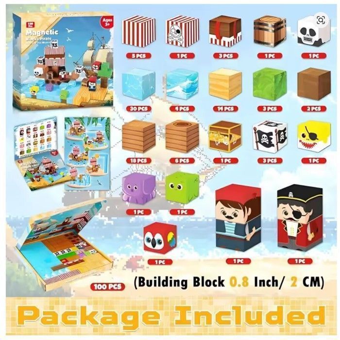 Bloques de construcción magnéticos para crear un barco pirata al estilo Minecraft - TEKPLAY - 100 piezas - Juguete para niños