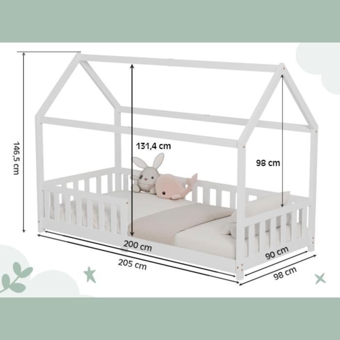 Letto a castello per bambini - ECOMI - 90x200 cm - Bianco - Sponda di sicurezza - Rete a doghe inclusa