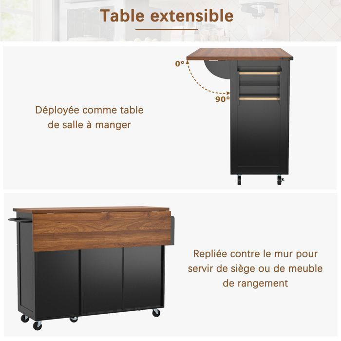 Carrinho de Cozinha - TKOPY - Ilha de Cozinha Extensível com Rodízios, 3 Gavetas e 2 Portas - 140x73x92,5cm - Preto