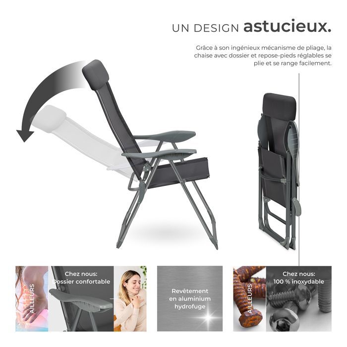 Tuinstoelen - TECTAKE - Set van 4 MAURINE opklapbare buitenstoelen van aluminium met gewatteerde hoofdsteun - Antracietgrijs